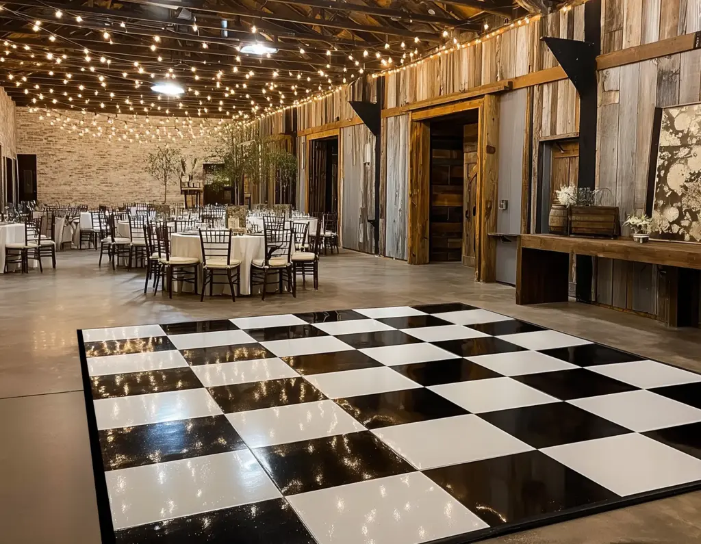 Black and white dance floor rental in a rustic wedding venue